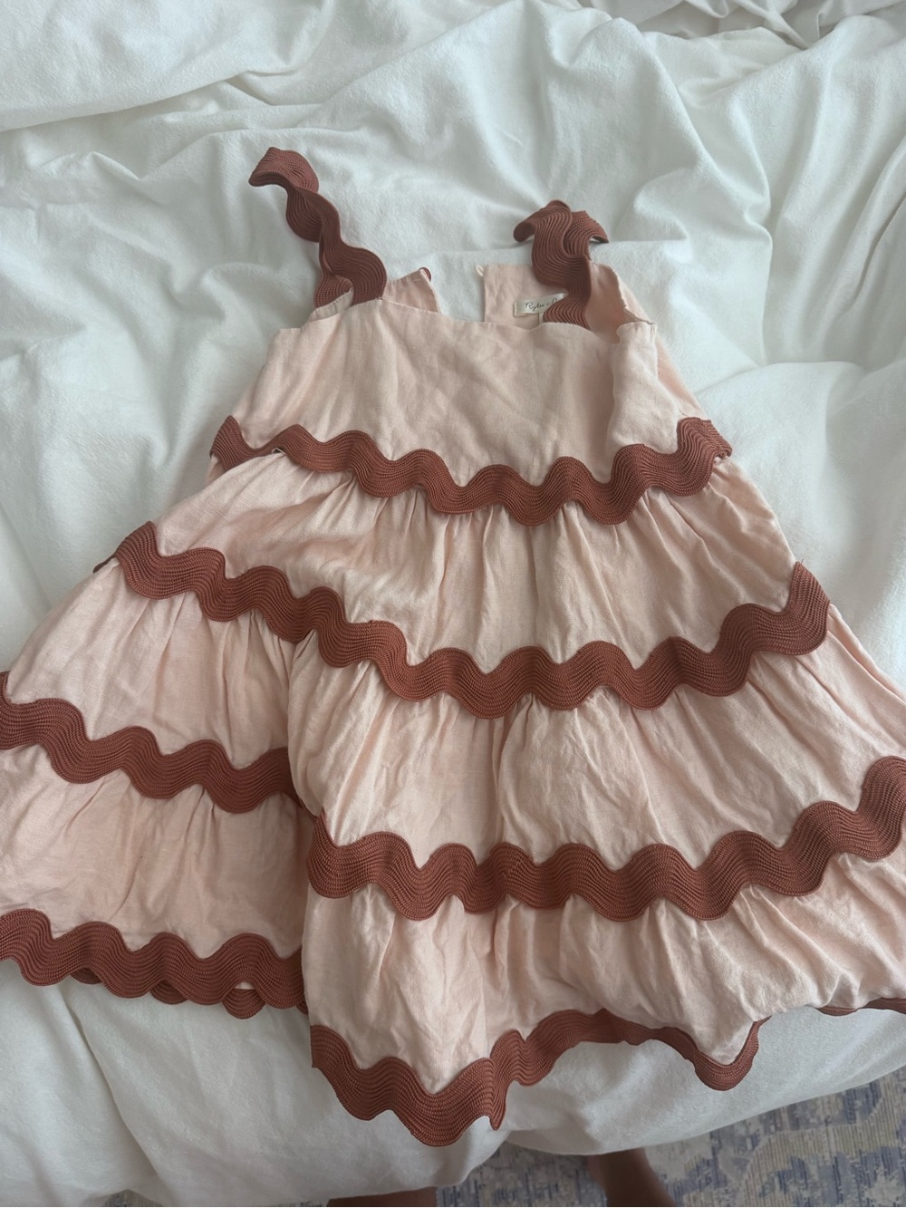 Rylee + Cru Pink Tiered Dress with Brown Trim